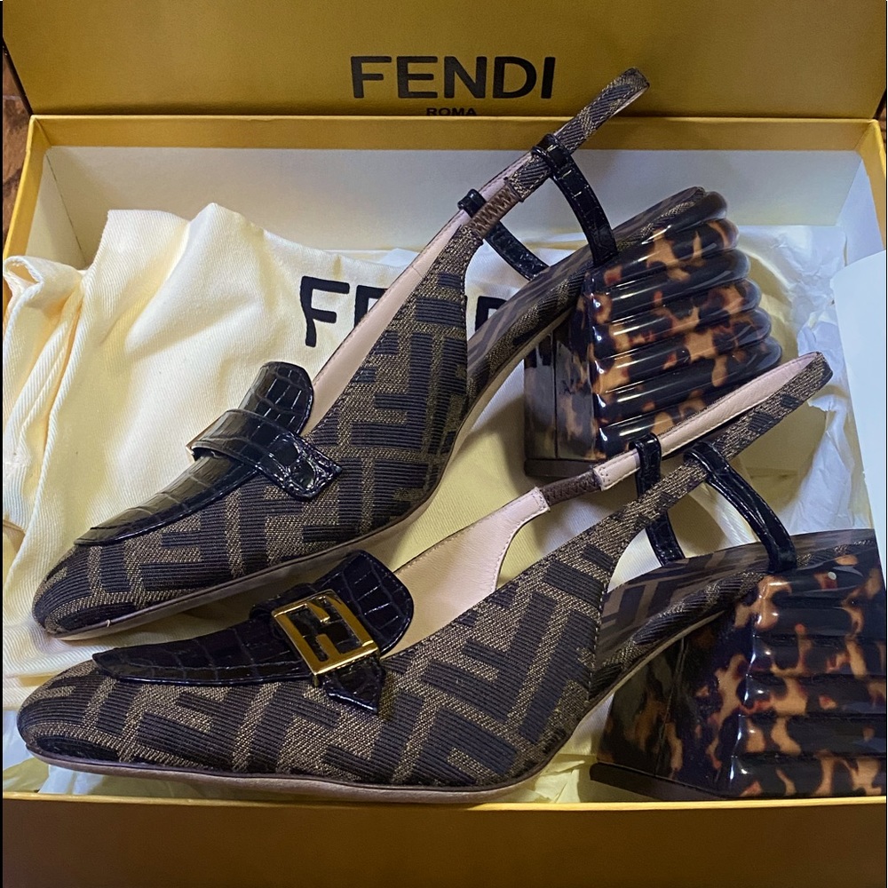 FENDI Embossed Zucca FF Logo Slingback Pumps